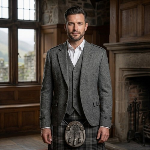 Grey tweed argyle kilt - tweed,